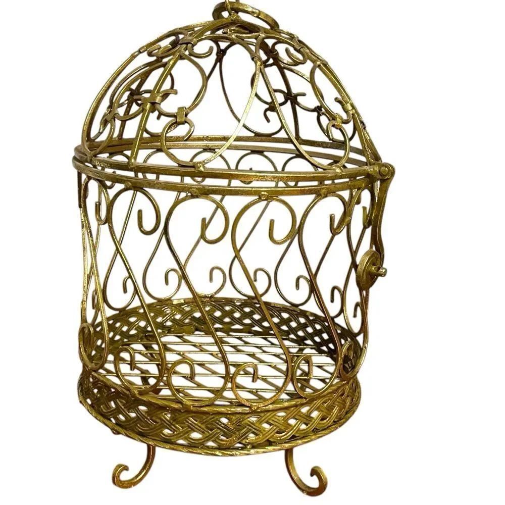 Vintage Metal Ornate Distressed Gold Tone Decorative Birdcage